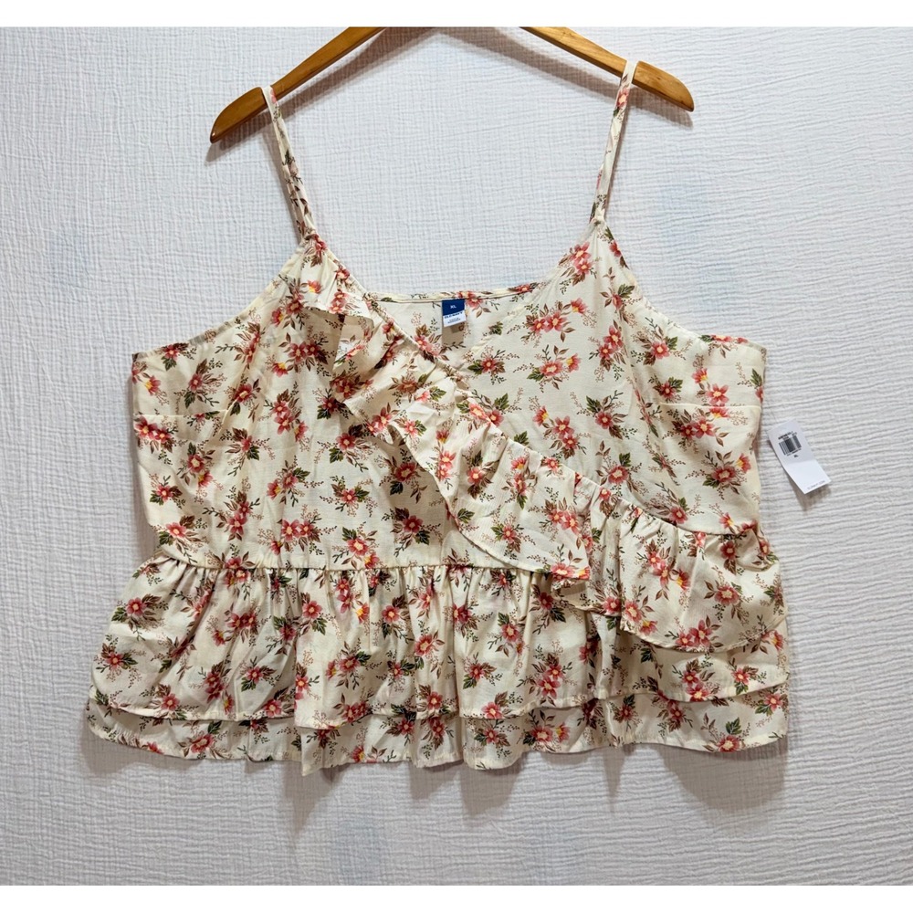 Old Navy Floral Ruffle Cami Top Women XL Cream Pink Peplum Cottagecore Coquette